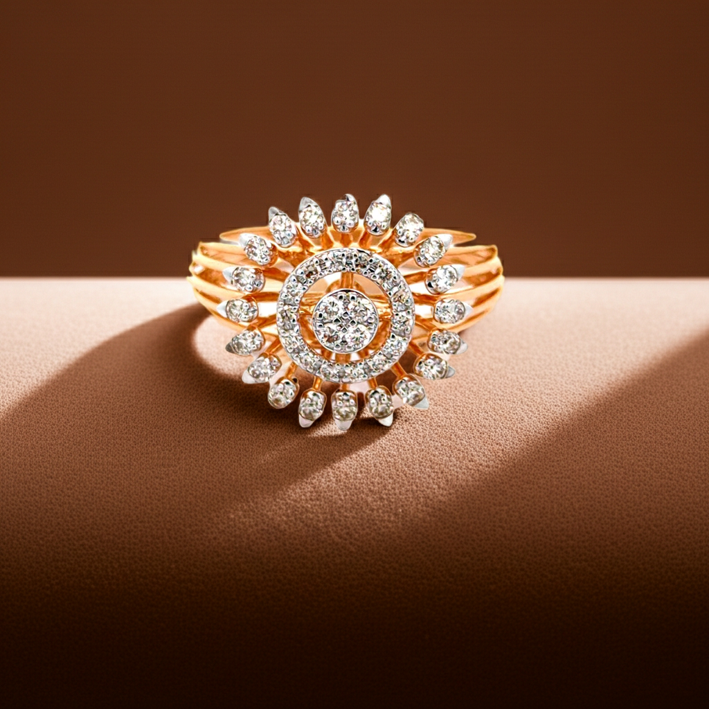 A gold ring with a diamond eye